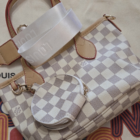 LV Fashion Handbags - Designer-Inspired Cream and Tan Check Mini Tote with Round Coin Pouch